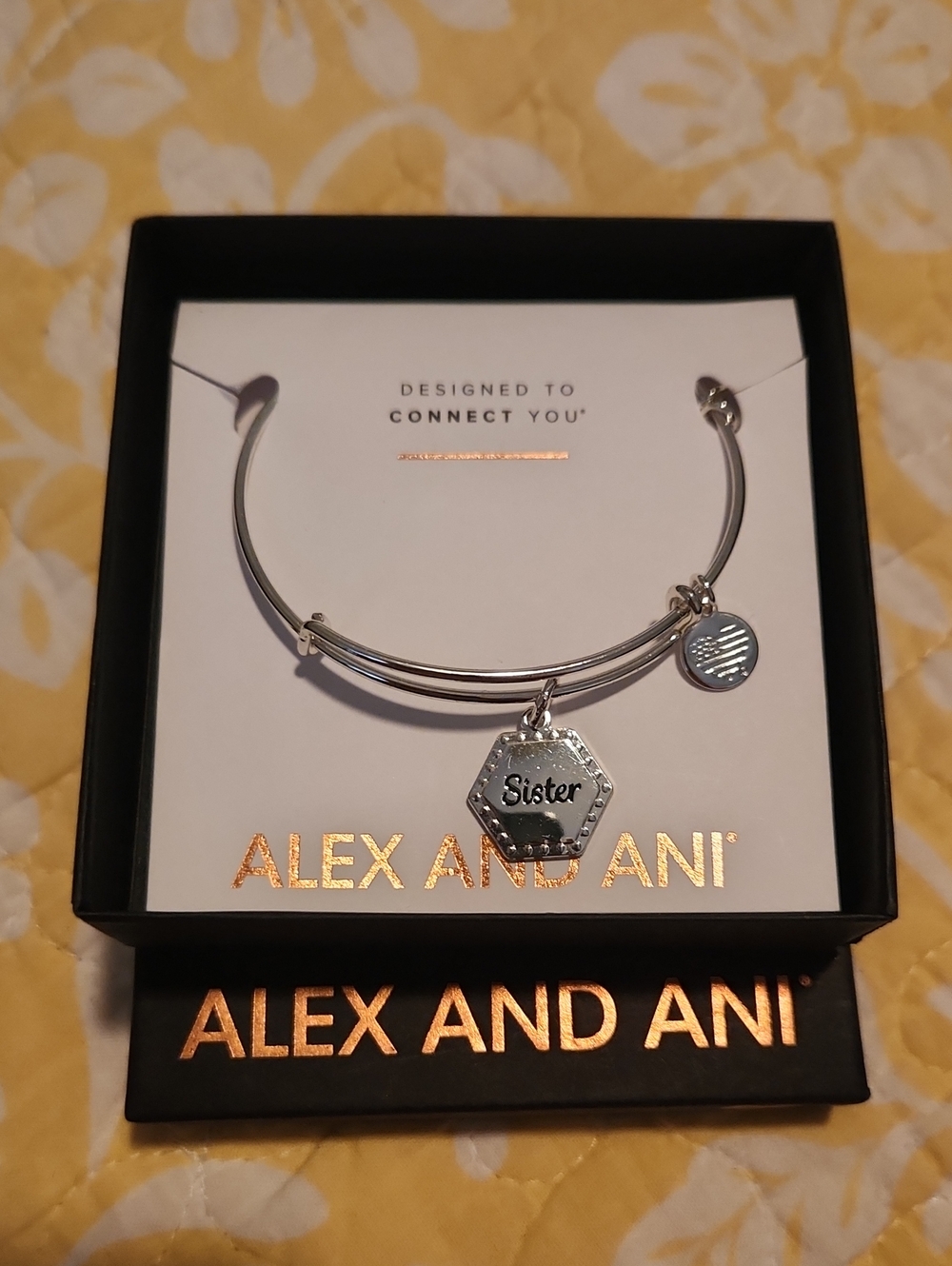 Alex and Ani Silver Tone 'Sister' Hexagon Charm Bangle NWT in Box